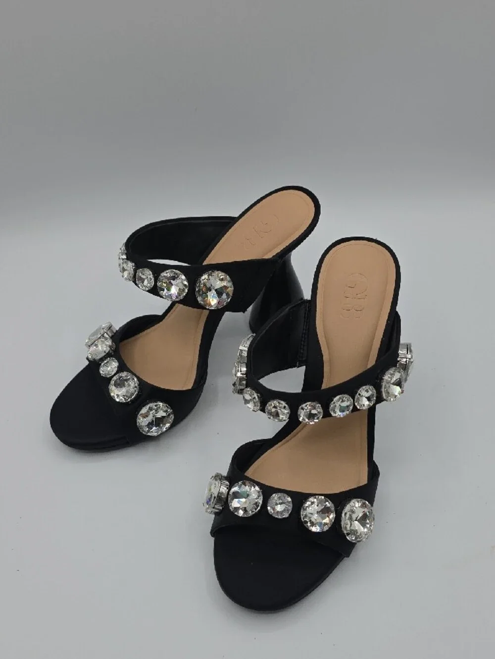 Gianni Bini Black Crystal-Embellished Two-Strap Block Heels